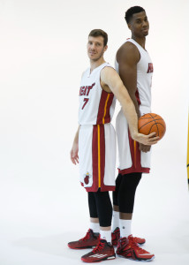 Hassan Whiteside (#21) and Goran Dragic (#7) pose together at Miami Heat Media Day 2015.  -Shot by Ron Lyons.