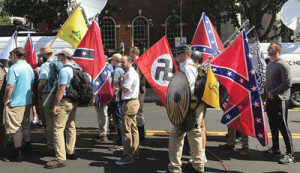 Alt-right members preparing to enter Emancipation Park holding Nazi, Confederate, and Gadsden “Don’t Tread on Me” flags in Charlottesville, Va.                           (Anthony Crider/Wikimedia Commons) 