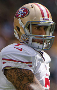 Chris Bennett, the co-publisher of The Seattle Medium, challenges the Black community to support Colin Kaepernick (pictured) and current NFL players that continue to protest police brutality. This photo was taken during the San Francisco 49ers vs. Green Bay Packers game at Lambeau Field on September 9, 2012. (Mike Morbeck/Wikimedia Commons)