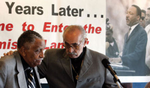 Civil Rights leaders Joseph Lowery, left, and Wyatt Tee Walker, right, take to the podium during a rally at the National Press Club in Washington, Tuesday, July 2, 2008, to present a retrospective of where the nation has come in the 45 years since Dr. Martin Luther King’s “I Have a Dream” speech.                 (AP Photo/Susan Walsh) 