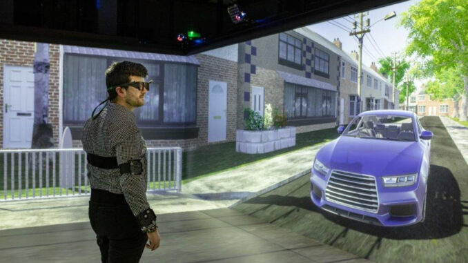 Researchers working at the University of Leeds’ HIKER (Highly Immersive Kinematic Experimental Research) simulator are using virtual reality technology to improve the safety of self-driving vehicles.  (University of Leeds/Zenger)