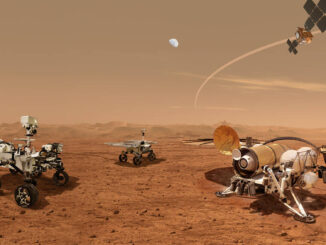 This illustration from NASA's website shows future robots working together to ferry back samples taken from Mars' surface for study on Earth. (NASA, ESA, JPL-Caltech/Zenger) 
