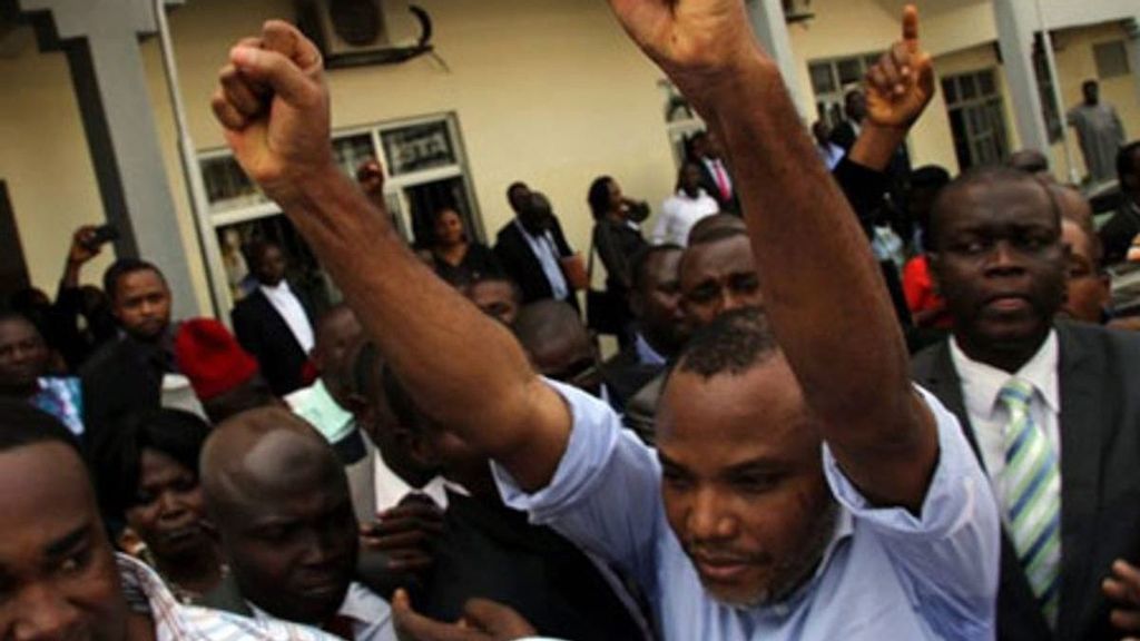 Nnamdi Kanu, the leader of the Indigenous People of Biafra, celebrates his release on bail in 2017. (Courtesy of the Nigerian Tribune)