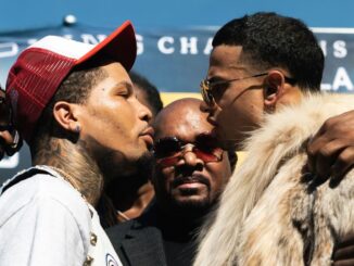 WBA lightweight champion Gervonta Davis (left) and challenger Rolando Romero (right) overcame street violence as children in their respective neighborhoods. The winner of their Dec. 5 clash “comes down to whose power can get there first,” said Mayweather Promotions CEO Leonard Ellerbe (center). (Premier Boxing Champions)