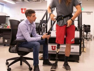 University of Utah Professor Tommaso Lenzi developed an exoskeleton that uses AI to help amputees walk effortlessly. (Dan Hixson, University of Utah)