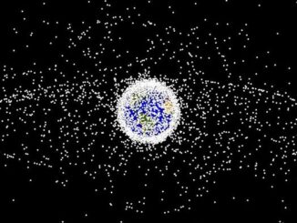 Thousands of soft-ball size objects orbit the Earth, as seen from an oblique vantage point. (NASA Orbital Debris Program)