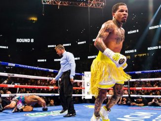 Three-division and WBA 135-pound champion Gervonta Davis (right) rose two weight classes for this three-knockdown, 11th-round TKO that dethroned previously unbeaten WBA 140-pound titleholder Mario Barrios in June 2021. (Sean Michael Ham/Mayweather Promotions)