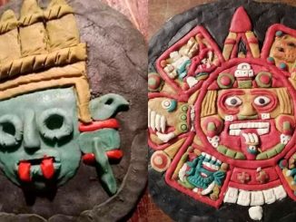 Left, the figure of Tlaloc, the rain god in the Mexica culture, on a cookie. Right, a piece of the sun stone, part of the Aztec culture. (Courtesy of Diego Barranco)
