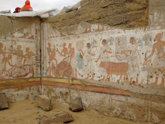 The entrance to the tomb of Batah-M-Woya, the head of the treasury during the reign of Pharaoh Ramses II, seen during excavation work at the Saqqara Necropolis in Giza. (Egyptian Ministry of Tourism and Antiquities/Zenger)