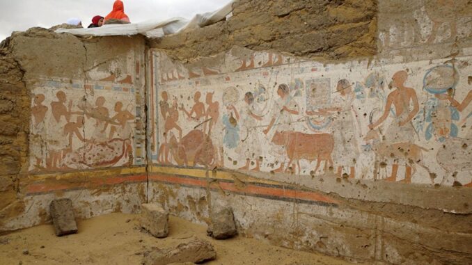 The entrance to the tomb of Batah-M-Woya, the head of the treasury during the reign of Pharaoh Ramses II, seen during excavation work at the Saqqara Necropolis in Giza. (Egyptian Ministry of Tourism and Antiquities/Zenger)