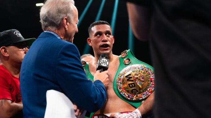 Two-time 168-pound champion David Benavidez (center) remained undefeated with Saturday's seventh-round TKO of Kryone Davis, his fifth straight knockout. Benavidez desires an all-Mexican clash with undisputed super middleweight champion Canelo Alvarez if not WBC 160-pound titleholder Jermall Charlo. (Ryan Hafey/Premier Boxing Champions)