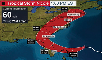 Hurricane Warning Issued In Florida For Strengthening Tropical Storm Nicole